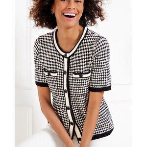 Talbots M Black White Houndstooth Short Sleeve Knit Button Front Cardigan Top